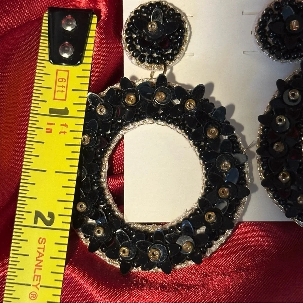 Francesca’s Black Sequin Floral Beaded Statement Earrings  NWT